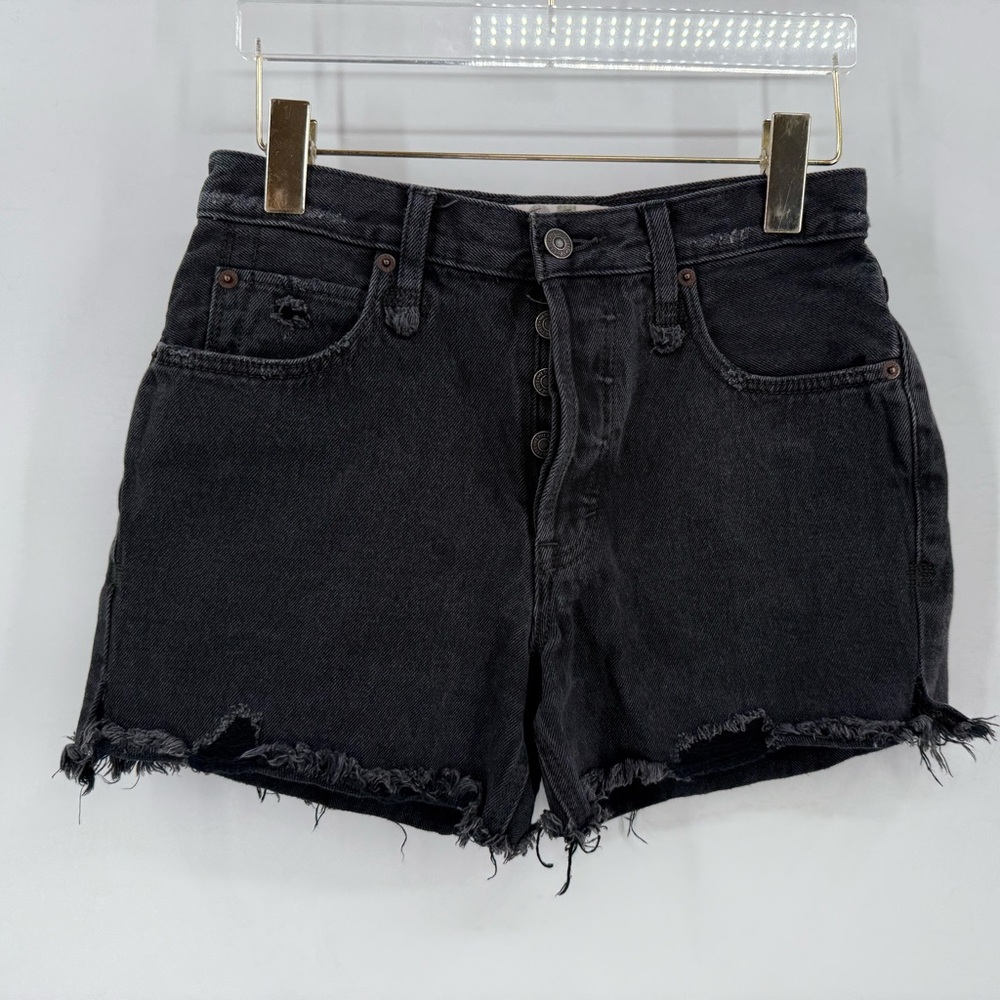 We The Free People Black Mid Rise Fray Hem Button Fly Jean Short Shorts Size 25